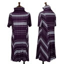 【中古】 プリーツプリーズPLEATS PLEASE ボーダージャガードプリーツハイネック半袖ワンピース 紫水色3【レディース】(4)