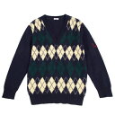 【中古】 パパスPapas ウール袖ロゴ刺繍アーガイルVネックニットセーター 紺L位【メンズ】