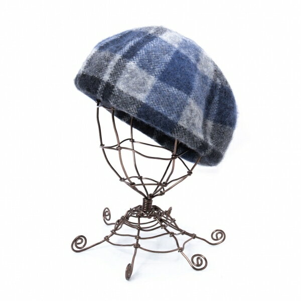 【中古】 ヴィヴィアンウエストウッドVivienne Westwood シャギーチェックベレー帽 青グレーS〜M【レディース】