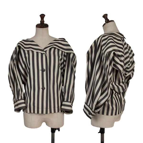 【中古】 イッセイミヤケISSEY MIYAKE 変形デザインストライプシャツ オフ黒M【レディース】