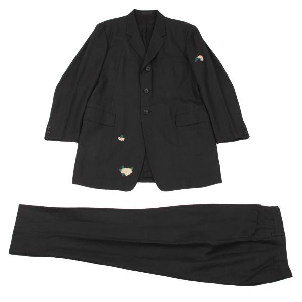 【中古】 ヨウジヤマモト プールオムYohji Yamamoto POUR HOMME ボタニカルパッチ刺繍リネンセットアップスーツ 黒S【メンズ】