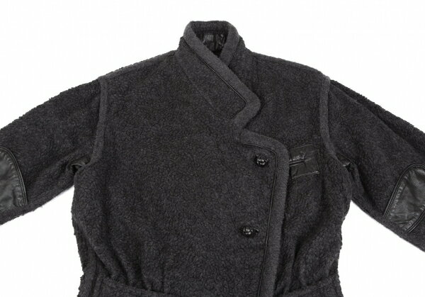 【中古】 イッセイミヤケISSEY MIYAKE ボアウールレザー切替ポケットデザインジャケット チャコール9【レディース】
