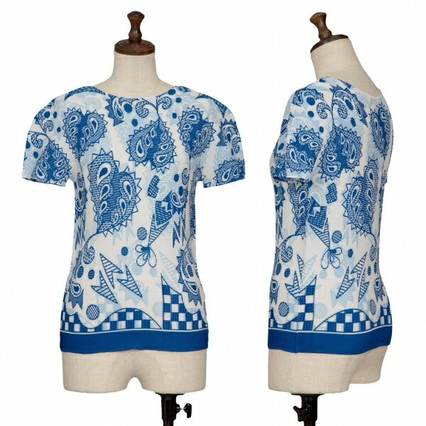 【中古】 イッセイミヤケ ミーISSEY MIYAKE me ペイズリー柄プリントボックスプリーツTシャツ 青白他F【レディース】