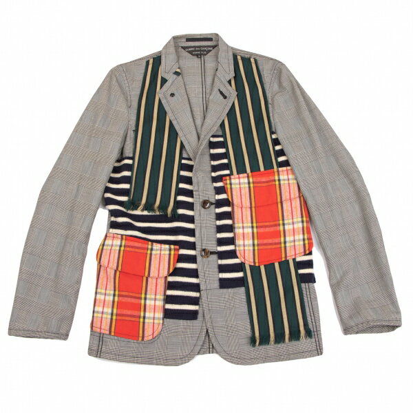 【中古】 コムデギャルソン オムプリュスCOMME des GARCONS HOMME PLUS ストール切替デザイングレンチェックジャケット グレー紺緑赤XS【メンズ】