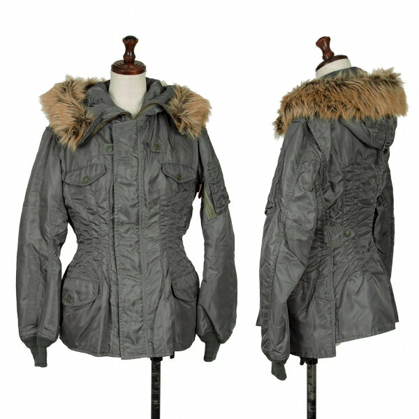 【中古】 ジュンヤワタナベ コムデギャルソンJUNYA WATANABE COMME des GARCONSナイロンリアルファー中綿ミリタリージャケット カーキM【レディース】