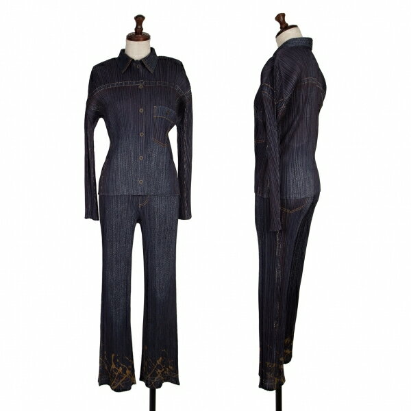 【中古】 プリーツプリーズPLEATS PLEASE デニムプリントセットアップ 紺4 1【レディース】