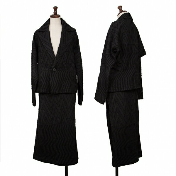 【中古】 イッセイミヤケISSEY MIYAKE コットンウールジグザグ刺繍切替デザインセットアップスーツ 黒2【レディース】