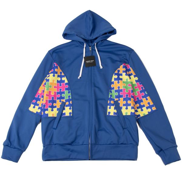 【中古】コムデギャルソン オムドゥCOMME des GARCONS HOMME DEUX ポリコットンパズルプリント切替ジップアップフーディー 青マルチXL【メンズ】