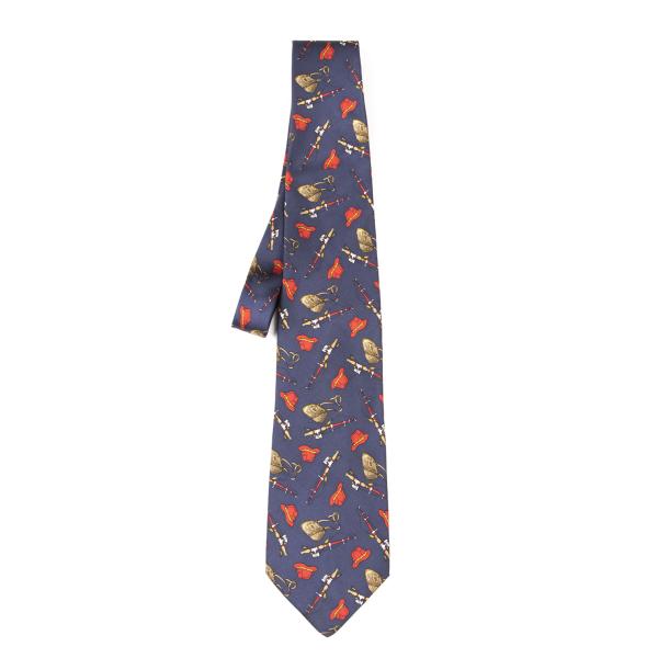 【中古】 フェンディFENDI フィッシングプリントシルクタイ 紺赤【メンズ】