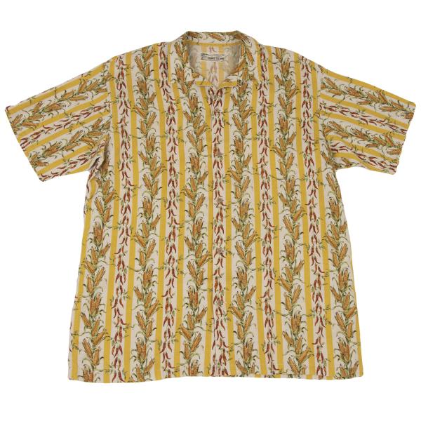 【中古】 パパスPapas ISLAND リネントウモロコシストライププリント半袖オープンカラーシャツ ベージ..