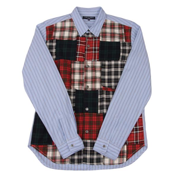 【中古】 コムデギャルソン オムCOMME des GARCONS HOMME フロントタータンチェックパッチワーク切替ストライプシャツ 水色マルチL【メンズ】