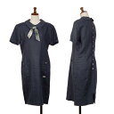 【中古】 マドモアゼルノンノンMademoiselle NON NON バックボタン開き半袖リネンワンピース 紺M位【レディース】(4)