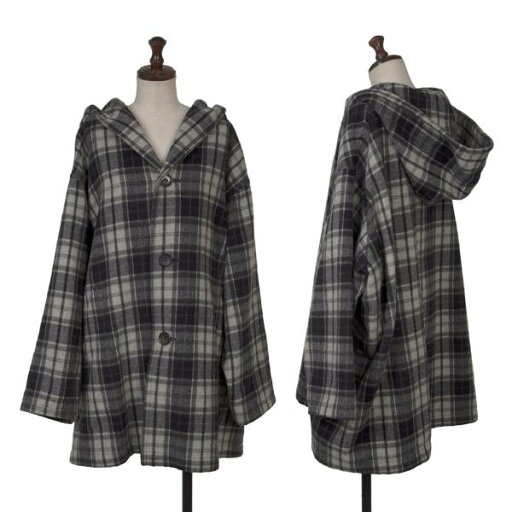 【中古】 ワイズY's ウールナイロンチェックフーテッドコート ライトグレー紺M位【レディース】 【中古】 ワイズY's ウールナイロンチェックフーテッドコート ライトグレー紺M位【レディース】