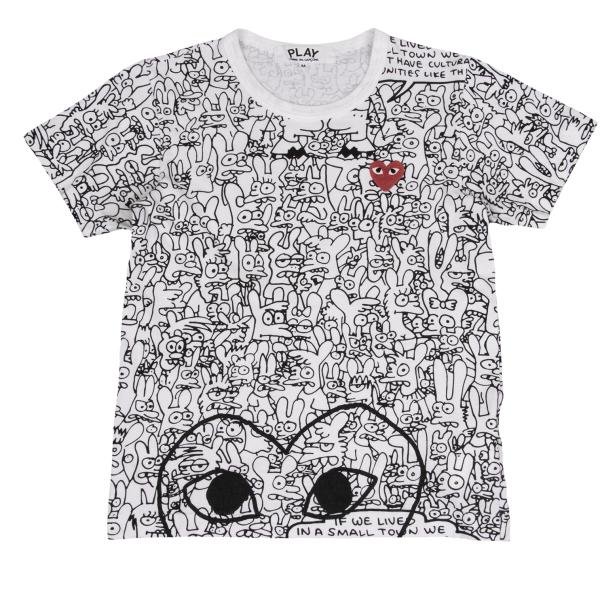 【中古】 プレイ コムデギャルソンPLAY COMME des GARCONS×Matt Groening ザ・シンプソンズプリントワッペンTシャツ 白黒M【レディース】
