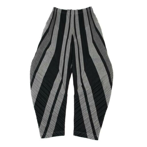 【中古】 プリーツプリーズPLEATS PLEASE ポリコットンストライプ織りプリーツ変形パンツ 黒グレー3【レディース】 【中古】 プリーツプリーズPLEATS PLEASE ポリコットンストライプ織りプリーツ変形パンツ 黒グレー3【レディース】