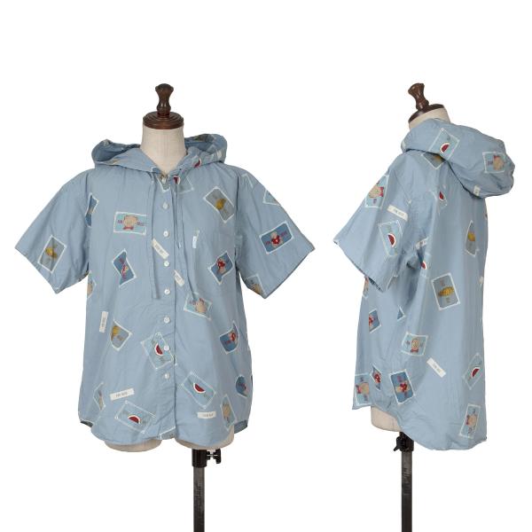 【中古】 ピンクハウスPINK HOUSE ベアータグプリントフーディー半袖シャツ 水色L【レディース】
