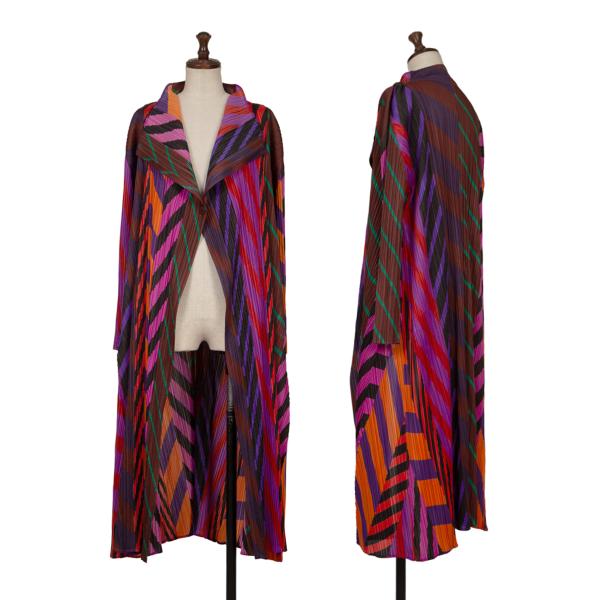 【中古】 プリーツプリーズPLEATS PLEASE マルチストライプロングジャケット 焦げ茶マルチ3【レディース】