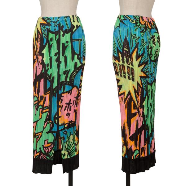 【中古】 プリーツプリーズPLEATS PLEASE コミックプリントフロントジップスカート マルチ4【レディー..