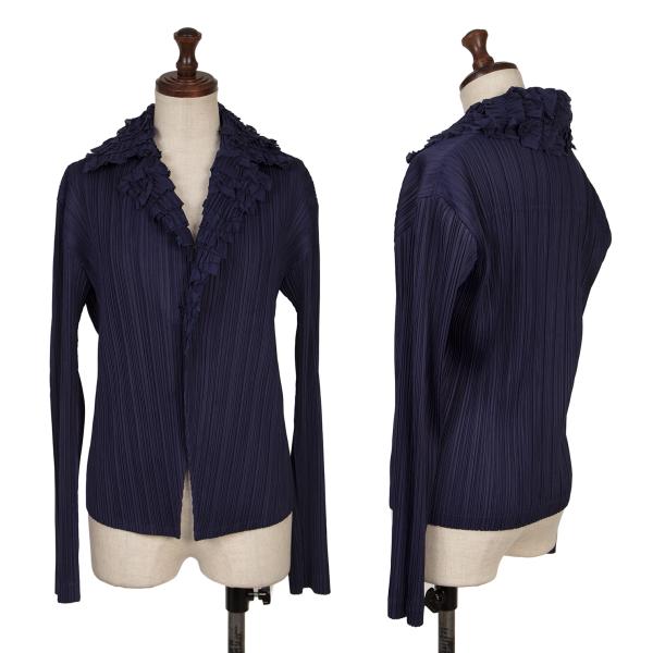 【中古】 イッセイミヤケISSEY MIYAKE フリルカラーデザインプリーツ1Bジャケット 紺2【レディース】