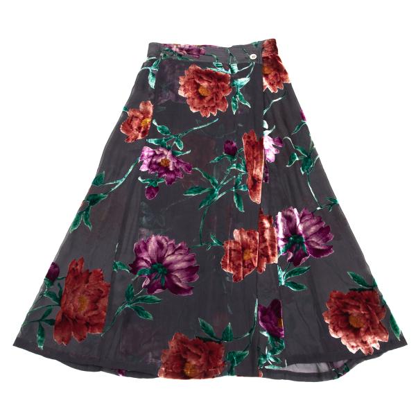 【中古】 ヨウジヤマモト ファムYohji Yamamoto FEMME ベロアフローラルプリントシルクシースルースカート グレー赤S【レディース】