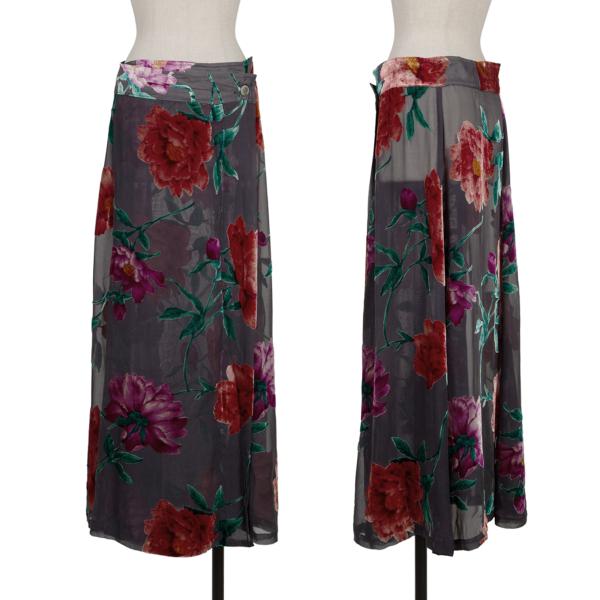 【中古】 ヨウジヤマモト ファムYohji Yamamoto FEMME ベロアフローラルプリントシルクシースルースカート グレー赤S【レディース】