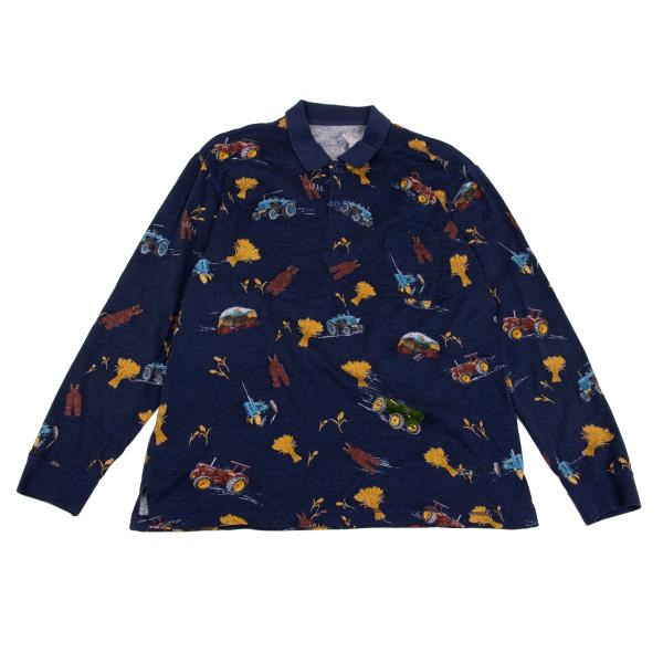 【中古】 パパスPapas コットントラクタープリントポロシャツ 紺M位【メンズ】