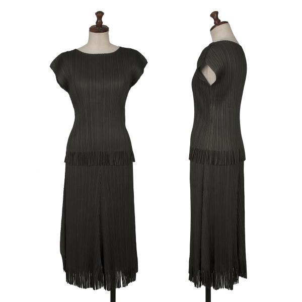 【中古】 プリーツプリーズPLEATS PLEASE 裾フリンジセットアップ 深緑3・1【レディース】