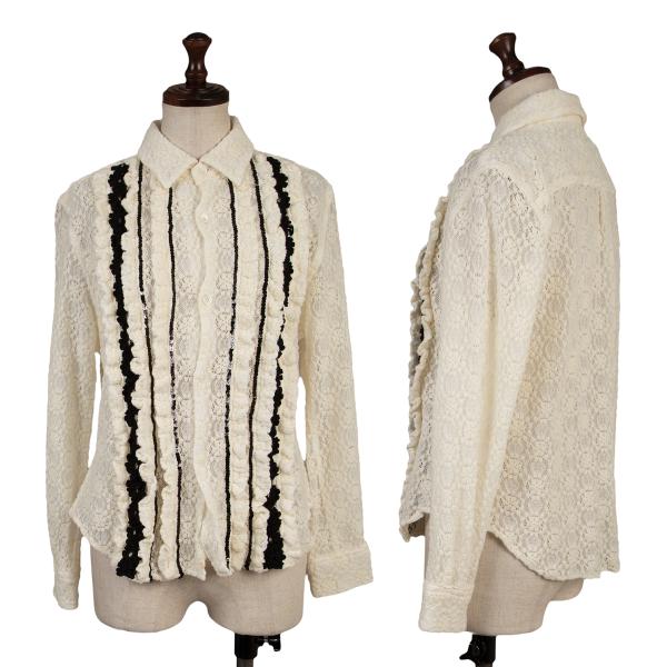 【中古】 ローブドシャンブル コムデギャルソンrobe de chambre COMME des GARCONS ウール混紡レースフリル長袖シャツ オフ黒M位【レディース】(4)