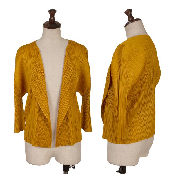 【中古】 プリーツプリーズPLEATS PLEASE 七分袖プリーツボタンレスカーディガン からし色3【レディース】