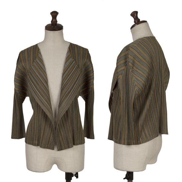 【中古】 プリーツプリーズPLEATS PLEASE ストライププリント七分袖プリーツボタンレスカー