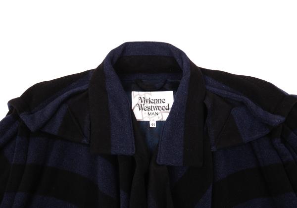 【中古】 ヴィヴィアンウエストウッドマンVivienne Westwood MAN ウール混ボーダーカッティング裁ち切りデザインコート 紺黒44【メンズ】