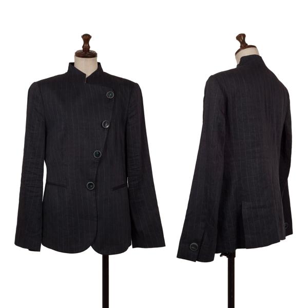 【中古】 ジョルジオ アルマーニGIORGIO ARMANI シルク混リネンピンストライプスタンドカラージャケット 紺44【レディース】