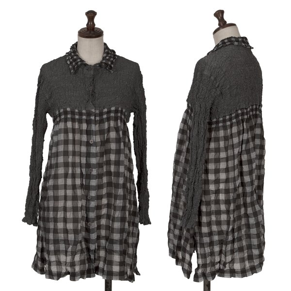 【中古】 イッセイミヤケ ミーISSEY MIYAKE me カリフラワー切替チェックロングシャツ チャコールF【レディース】