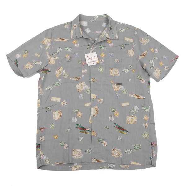 樂天商城 - 【中古】 パパスPapas 切手プリントオープンカラー半袖シャツ グレー他S【メンズ】