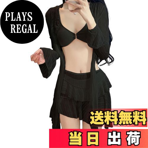 【送料無料】[MilaCorinna] 水着 レディース タンキニ 4点セット カバーアップ オーバー 長袖 ショートスカート セクシー おしゃれ 体型カバー 可愛い エレガント UVカット 伸縮性 無地 透け感 海 温泉 プール ビーチ 女性用 旅行 休暇 色：ブラック、サイズ：M