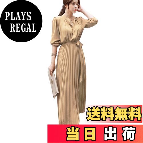【送料無料】[Sueeya] スイーヤ ロング ワンピース プリーツ レディース シャツワンピース ウエストゴム リボン タック 可愛い 着痩せ おしゃれ エレガント 通勤 結婚式 パーティー ドレス 春 秋 冬 色：イエロー、サイズ：S