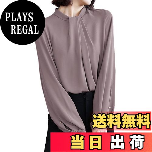 【送料無料】[Sueeya] スイーヤ シャツ レディース ブラウス タック パフスリーブ 立ち襟 知的 ギャザー 長袖 体型カバー 着痩せ おしゃれ 女性らしい エレガント ビジネス OL 通勤 トップス 春 夏 色：くすみパープル、サイズ：XL