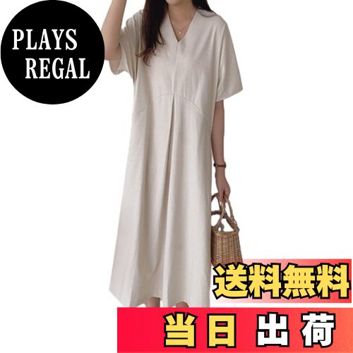 【送料無料】[CCGGOWMM] リネンワンピース 半袖ワンピ 綿麻 Aライン Vネック ロングワンピース 麻 無地..