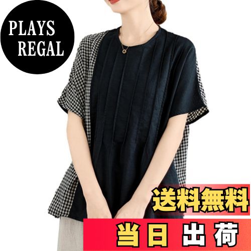 【送料無料】[CCGGOWMM] tシャツ レディース チェック柄 切り替え ブラウス シンプル 半袖 丸襟 トップ..