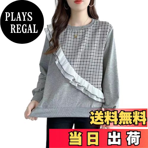 【送料無料】[CCGGOWMM] tシャツ レディース 長袖 シャツ カットソー パーカー 千鳥格子 丸首 フリル ..