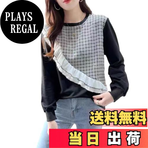 【送料無料】[CCGGOWMM] tシャツ レディース 長袖 シャツ カットソー パーカー 千鳥格子 丸首 フリル ..