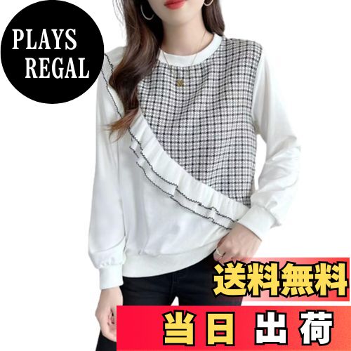 【送料無料】[CCGGOWMM] tシャツ レディース 長袖 シャツ カットソー パーカー 千鳥格子 丸首 フリル ..