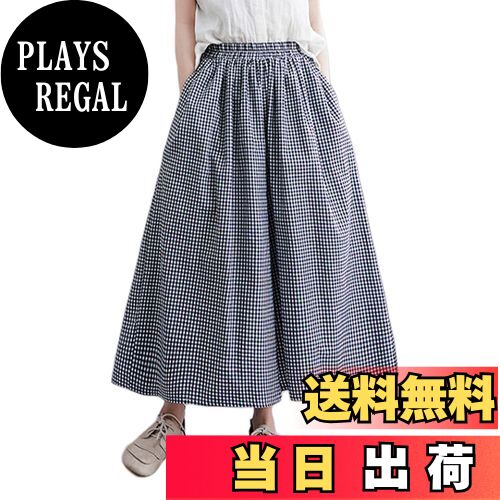 【送料無料】[Vmiutyer LLOP] ワイドパンツ リネン チェック柄 レディース ガウチョパンツ 春 夏 ボトムス ゆったり ウエストゴム ハイウェスト 九分丈 ズボン ロングパンツ 大きいサイズ カジュアル おしゃれ 夏服 色：ブラック2、サイズ：Free Size
