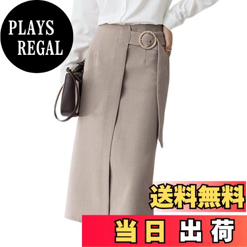 【送料無料】[Vmiutyer LLOP] タイトスカート レディース 膝丈 ベルト 付き ファスナー 4色展開 ミドル丈 ラップ オフィス カジュアル ビジネス ミモレ丈 ボトムス 通勤 OL 色：カーキ、サイズ：L