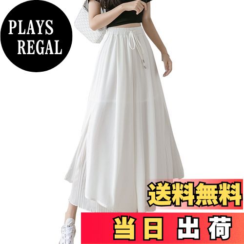 【送料無料】[MEME XTRA] シフォンロングパンツ ワイドパンツ レディース 9分丈 ガウチョパンツ ウエストゴム ボトムス 大きい サイズ 伸縮性 美脚 肌触りが柔らか カジュアル きれいめ 薄手 体型カバー 春 夏 秋 色：ホワイト、サイズ：M