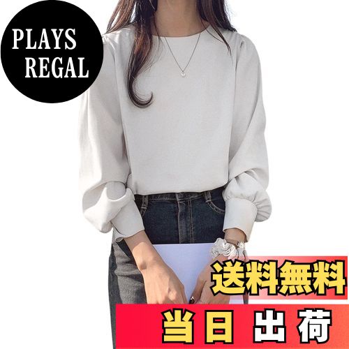 【送料無料】[MEME XTRA] メメエクストラ ブラウス レディース シャツ 長袖 秋 オフィス おしゃれ 長袖tシャツ パフスリーブ 薄手 丸襟 襟なし 綿 可愛い ゆったり 秋物 トップス キレイめ 無地 透けない カットソー カジュアル 通勤 大人 オフィス 色：ホワイト、サイズ：XL