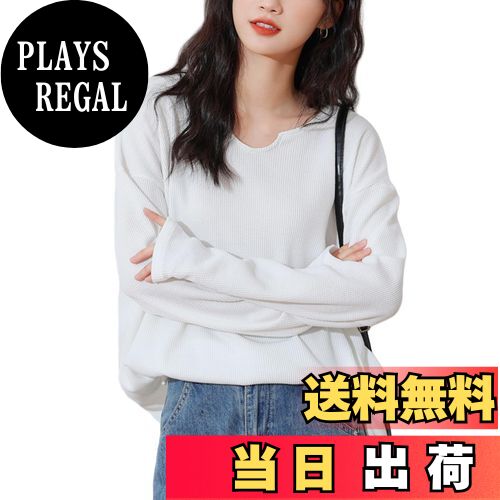 【送料無料】[MEME XTRA] レディース Tシャツ 長袖 Vネック トップス カットソー 無地 ワッフルチェッ..