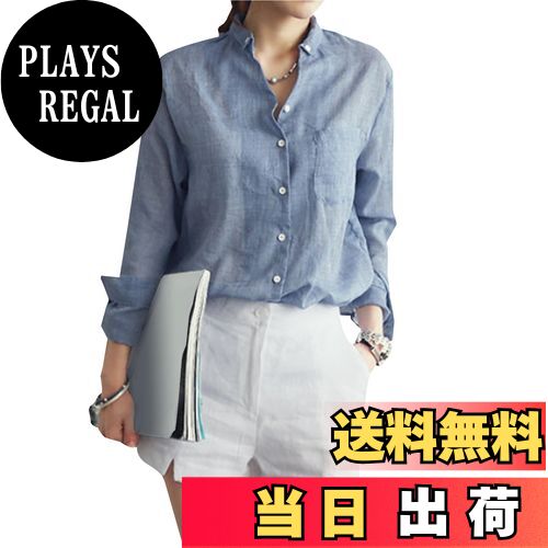 【送料無料】[MEME XTRA] シャツ レディース シアーブラウス リネンシャツ 長袖 UVカット トップス ボタンダウン 麻混 薄手 軽い 涼しい ラフ オシャレ 大人カジュアル 透け感 おしゃれ 羽織り 日焼け防止 紫外線対策 春 夏 色：デニムブルー、サイズ：M Regular