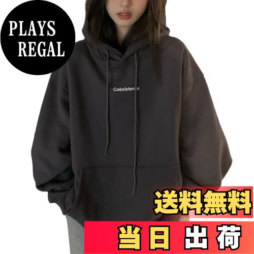 【送料無料】[GlamollaMisse] パーカー レディース トップス ロゴ 長袖 丸首 フード付き ポケット付き プリント クルーネック スウェット カットソー おしゃれ ゆったり 着痩せ 体型カバー カジュアル ファッション 可愛い 日常 通勤 春秋冬 色：チャコール、サイズ：L