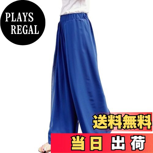 【送料無料】[Leadamon-oee] ワイドパンツ レディース ロングパンツ シフォン ガウチョパンツ 大きいサイズ ズボン ゆったり 体型カバー 裏地あり ボトムス おしゃれ 通勤 脚長 着痩せ 爽やか カジュアル 春 夏 秋 色：ブルー、サイズ：L